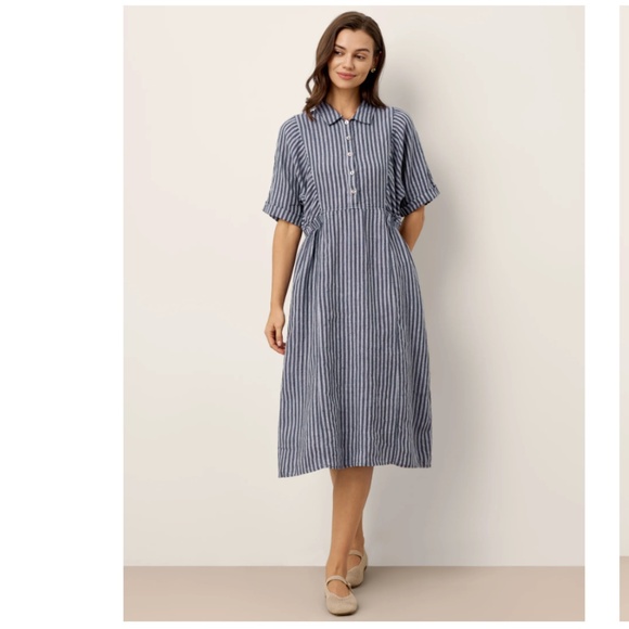 100% Linen Striped Buttoned Front Short Sleeve Midi Shirt Dress CASSANDRA - Picture 6 of 8